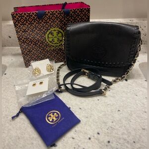 Tory Burch lot! Like new Black Leather Crossbody Bag, 2 pair earrings w/gift bag
